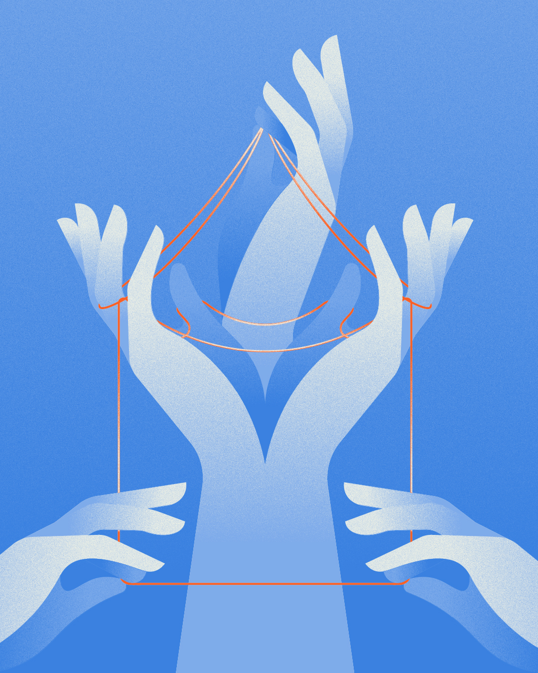 Illustration vectorielle de cinq mains tenant un fil. Le fil forme une maison. Illustration conceptuelle dans le cadre de la Nuit des Sans-Abri. Symbolise l'absence de logement et la communauté qui se tisse autour de cet enjeu.